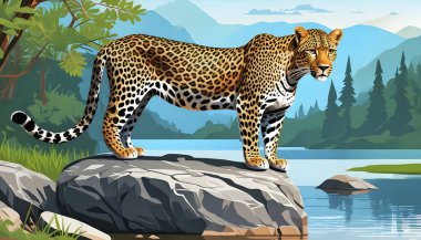 Ormandaki gölün kenarındaki kayanın üzerindeki leopar, vektör çizimi. Doğal ortamdaki vahşi hayvan..