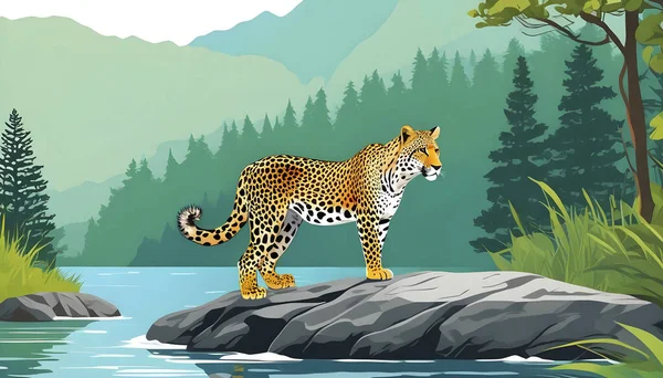 Ormandaki gölün kenarındaki kayanın üzerindeki leopar, vektör çizimi. Doğal ortamdaki vahşi hayvan..
