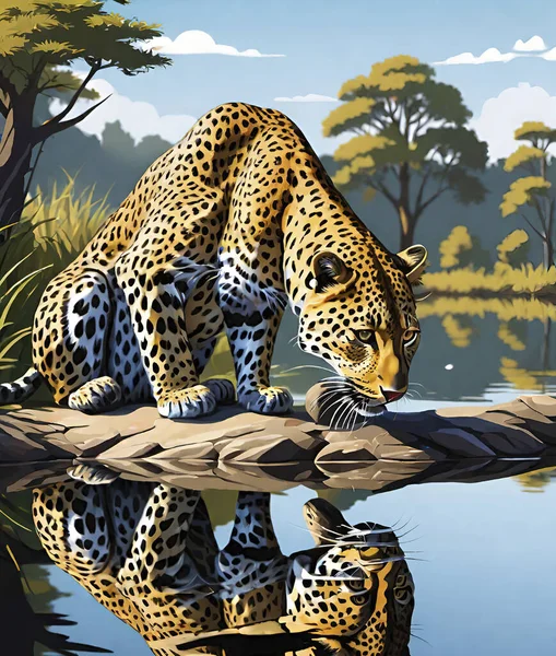 Leopardo Rocha Junto Lago Floresta Ilustração Vetorial Animal Selvagem Habitat — Vetor de Stock