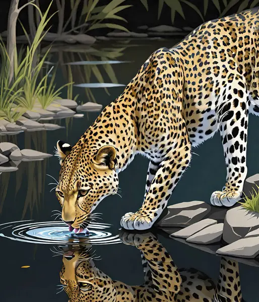 Леопард Скале Озера Лесу Векторные Иллюстрации — стоковый вектор