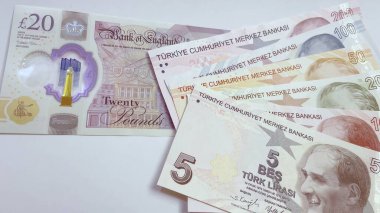 Çeşitli değerlerin kağıt banknotları, finansal zenginliğin sembolü, denge ve finansal güç. İş dünyasının dinamizmi. Finans ve ekonomi. Türk lirası ve Sterlin banknotları.