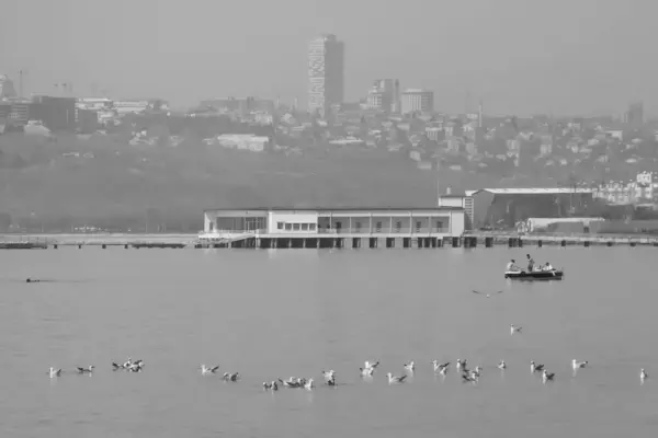 stock image Marmara sea.istanbul,Turkey. January 31, 2021. A foggy Marmara Sea morning. Florya beach and Ataturk marine mansion.