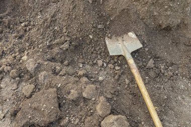 Yerdeki bahçe küreği. Bahçe işleri konsepti. Seçici odaklanma. Toprakta durgunluk. Kürek yerde yatıyor. Toprağa gömülü bir kürek. Yerde bir kürek var..