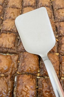 Geleneksel Türk cevizi baklavası yemeye ve servis etmeye hazır..
