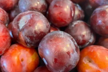 Yıkanmış ve yemeye hazır kırmızı erik tabağı. Tazeliğin ve doğal lezzetin neşesi.