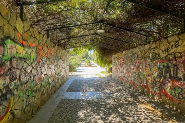 İstanbul, Türkiye. 18 Ağustos 2024 İstanbul, Goztepe 'deki çok katlı binalar arasında nefes kesici bir vaha. Göztepe Özgürlük Parkı. Park ziyaretçilerine zengin bitki örtüsü, yürüyüş yolları ve çocuk parklarıyla bir vaha hissi veriyor..