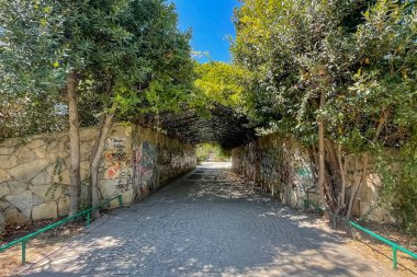 İstanbul, Türkiye. 18 Ağustos 2024 İstanbul, Goztepe 'deki çok katlı binalar arasında nefes kesici bir vaha. Göztepe Özgürlük Parkı. Park ziyaretçilerine zengin bitki örtüsü, yürüyüş yolları ve çocuk parklarıyla bir vaha hissi veriyor..
