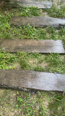 Doğadaki Tahta Merdivenler. Yeşilliğe yerleştirilmiş eski ahşap merdivenlerin dikey görüntüsü. Bu fotoğraf, insan yapımı yolların doğayla nasıl uyum içinde olabileceğini gösteriyor..