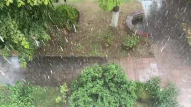 Yağmurlu bir gün. Şiddetli sağanak. Evin yemyeşil bahçesi. Yağmur damlalarının yere düştüğü görülebilir ve ağaçlar ve çalılar sırılsıklam olur..