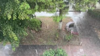 Yağmurlu bir gün. Şiddetli sağanak. Evin yemyeşil bahçesi. Yağmur damlalarının yere düştüğü görülebilir ve ağaçlar ve çalılar sırılsıklam olur..