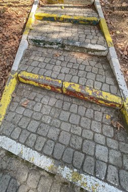 Doğaya Yaşlanmış Adımlar. Zamanda Bir Yol. İnsan yapımı yapılar üzerindeki zamanın etkisinin özünü yakalayın. Bu hatırlatıcı fotoğrafla, yıpranmış beton basamaklar, bir zamanlar canlanmış boya kalıntılarıyla süslenmiş.. 