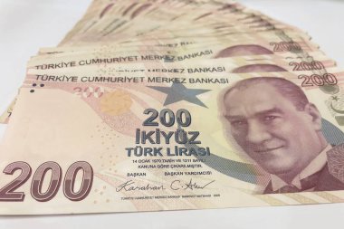 Türk Lira Banknotes.200 TL 'lik Atatürk portresi. Mustafa Kemal Atatürk' ün portresinin yer aldığı Türkiye Cumhuriyeti Merkez Bankası tarafından yayınlanan 200 lira banknotun yakın plan resmi.