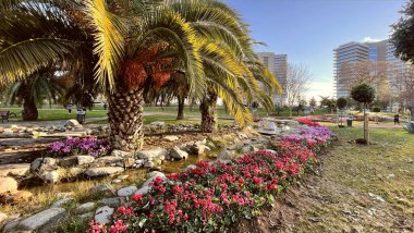 Atakoy, İstanbul, Türkiye. 9 Aralık 2024 Kazakistan Parkı. Yeşil Doğa ve Eğlence Alanı. Parkın yürüyüş yolları, küçük bir yapay gölet, yemyeşil doğa ve dinlenme alanları var..