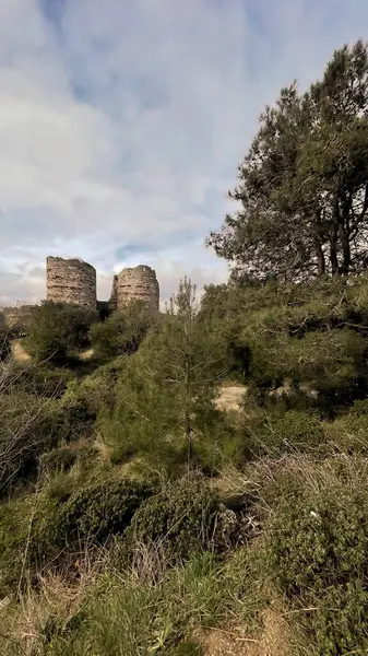 İstanbul, Türkiye. 2 Şubat 2024 Beykoz Tepeleri, İstanbullu Antik Yoros Kalesi kalıntıları. İstanbul Beykoz tepelerinde yer alan Yoros Şatosu 'nun tarihi kalıntıları. Yıpranmış ve engebeli kuleleri olan antik taş yapı..