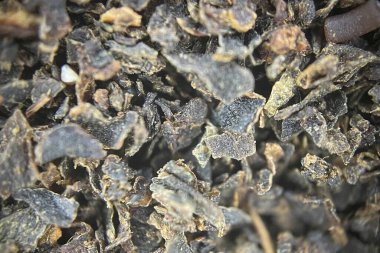 İşlenmiş ve kurutulmuş çay yapraklarının mikroskobik görünümü. İşlenmiş ve kurutulmuş çay yapraklarının dokusunu, rengini ve karmaşık detaylarını gösteren büyüleyici bir mikroskobik görüntü..