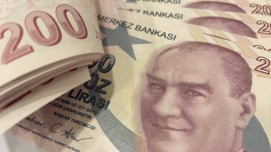 200 Türk Lira Banknotları, Atatrk 'ı gösteren birçok TL banknotunun Macro çekimi. Türk 200 lira banknotları, para birimi konsepti, Türk parasının makro görünümü, ekonomi.