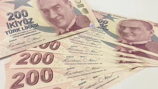 200 Türk Lira Banknotları, Atatrk 'ı gösteren birçok TL banknotunun Macro çekimi. Türk 200 lira banknotları, para birimi konsepti, Türk parasının makro görünümü, ekonomi.
