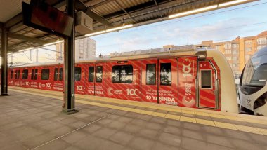 İstanbul, Türkiye. 31 Mayıs 2025 Atakoy Marmaray İstasyonu: Türkiye Cumhuriyeti 'nin 100. yıldönümü üniformasının yer aldığı modern bir tren platformda yolcuları bekliyor.
