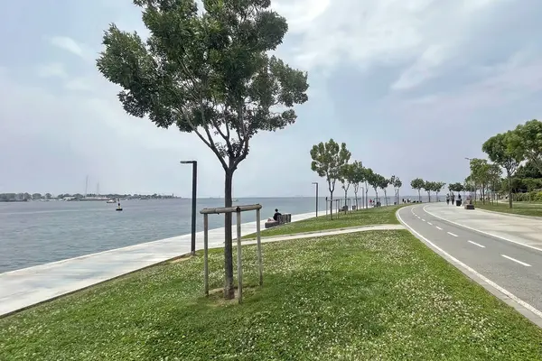 İstanbul, Türkiye. 31 Mayıs 2025. Marmara Denizi kıyısındaki Serene Istanbul Moda Sahil Hattı. İstanbul 'un Kadikoy kentindeki Moda kıyı şeridinin bulutlu bir gökyüzü altında sakin Marmara Denizi' nin manzarası..