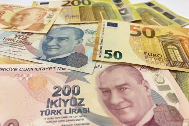 Türk Lirası ve Euro banknotları, döviz, finans ve küresel ekonomiyi temsil eden yan yana.