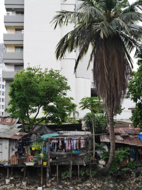 Chumchon Rim Khlong Sam Sen, Bangkok, Tayland - 17 Mayıs 2025. Kanalın yanında ve otobanın altında bulunan bir topluluk..