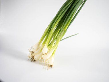 Temiz beyaz bir yüzey üzerinde dikey olarak sıralanmış taze soğan kökleri ve yeşil yaprakları. Bileşimi yiyecek, bitki veya organik içerik için temiz, minimal ve idealdir.