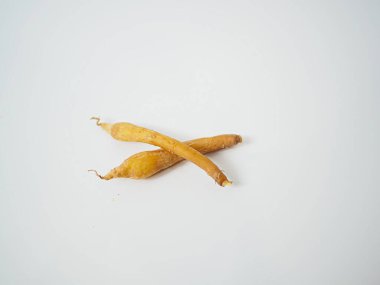 Taze bitki sunumu için basit beyaz stüdyo düzeninde parmak köklerinin çapraz yerleştirilmesi.