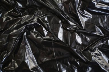 Buruşmuş siyah politen plastik ambalaj kağıdı görüntüsü. Arkaplan kullanımı için doku