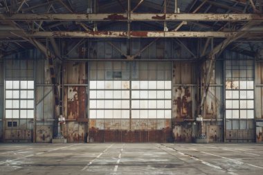 Eski bir hangar binasının karanlık paslı endüstriyel iç kısmı. Yüksek kalite fotoğraf