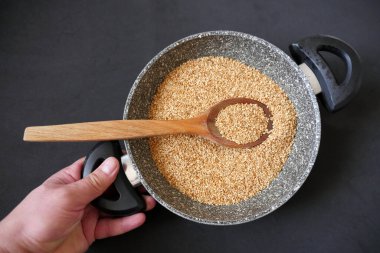 Roasting Sesame in a Pan, Cooked Sesame, Roasting Sesame for Pastry,