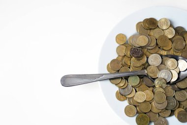 Para harcamak, büyük miktarlarda para ve kaşık yemek, yemek tabağında para, bir kaşık dolusu Türk lirası, tabakta sikkeler