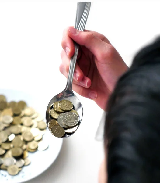 spend money,eating large amounts of coins and spoons,money on a dinner plate, a spoonful of turkish lira, coins in a plate