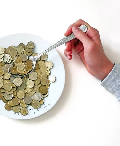 Spend Money Eating Large Amounts Coins Spoons Money Dinner Plate Stock Picture