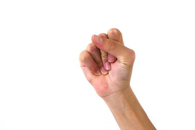 Beyaz arka planda yumruklarını sıkan bir adam, yumruk işareti.,