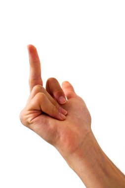 Beyaz arka planda el işaretleri, orta parmağı açık küfür hareketi yapıyor.,