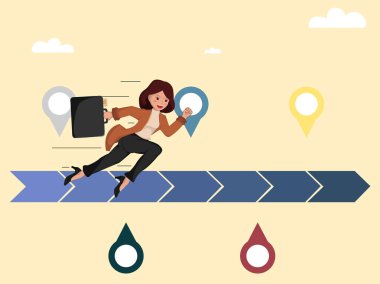 İş kadını, Kariyer İlerlemesi, Planlama ve Kilometre Taşı Başarı 'nı temsil eden Evrak Çantası ve Konum Belirleyicileriyle Uzun Zaman Çizelgesinde Çalışıyor.