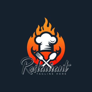 Kaşık ve çatal logolu restoran şefi şapkası, ateş arkaplanlı vektör çizimi fikri.