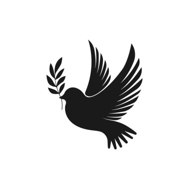 Güzel uçan güvercin kuş barış sembolü siyah siluet çizimi. Beyaz arka planda siyah güvercin silueti simgesi izole edildi. Uçan kuş simgesi