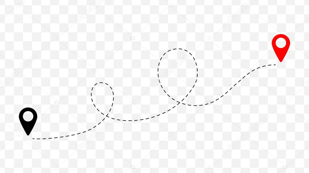 Route icon between two points with dotted path and location pin. Location pointer continuous one line drawing. GPS navigation line route mark. vector eps 10