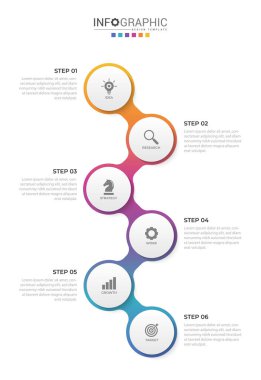 Simgeli ve 6 basamaklı vektör Infographic etiket tasarım şablonu. İşlem şeması, sunumlar, iş akışı düzeni, afiş, akış şeması, bilgi grafiği için kullanılabilir.