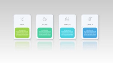 Bilgi şablonu. 4 adım zaman çizgisi yolculuğu, düz bilgi grafikleri tasarım şablonu. Sunum grafiği. Simge 4 seçenek veya adımlı iş konsepti.