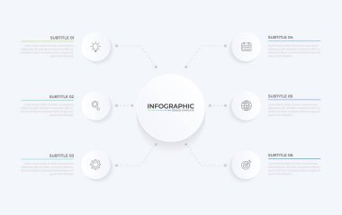 Daire infografik şablon tasarımı ve 4-5-6 seçenek veya basamaklı vektör bilgi etiketi tasarımı. İşlem şeması, sunumlar, iş akışı düzeni, afiş, akış şeması, bilgi grafiği için kullanılabilir