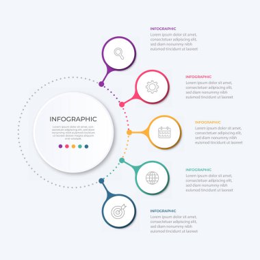 İş verisi görselleştirmesi. İşlem çizelgesi. Grafiğin soyut unsurları, 5 aşamalı diyagram, seçenekler, parçalar veya süreçler. Sunum için vektör iş şablonu. Infographic için yaratıcı bir kavram