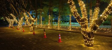 Açık hava dekorasyonu için ağaç ambalaj ışıkları yol ve bahçe için ağaçlara LED dizgi ışıkları, bir gece ağacı ışıklandırma görüntüsü, ağaç ambalajlama ışıkları, parklar, halka açık alanlar veya tatil vitrinleri veya bayram gösterileri için, bagajlara sarılmış ışıklar.