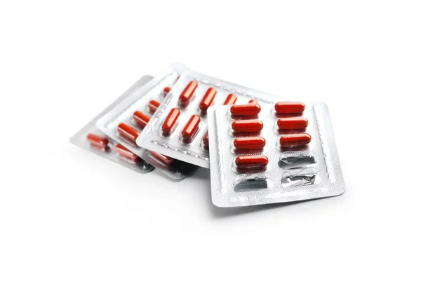 Capsules Pilule Rouge Plaquettes Thermoformées Isolées Sur Fond Blanc Avec — Photo