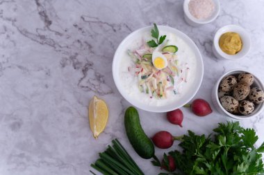 Soğuk çorba, turp, haşlanmış yumurta, limon, ekşi krema, dereotu, maydanoz gibi taze sebzelerin karışımı Okroshka 'nın özünü, ferahlatıcı bir Rus yaz çorbasını güzel bir şekilde somutlaştırır..