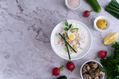 Soğuk çorba, turp, haşlanmış yumurta, limon, ekşi krema, dereotu, maydanoz gibi taze sebzelerin karışımı Okroshka 'nın özünü, ferahlatıcı bir Rus yaz çorbasını güzel bir şekilde somutlaştırır..