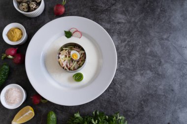 Beyaz bir kasede okroshka çorbası servis edildi, ham maddeleri zarif bir şekilde etrafına yerleştirildi..