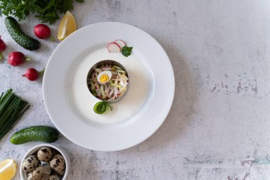 Soğuk Rus okroshka çorbası taze malzemelerle çevrili beyaz bir tabakta servis edilir.