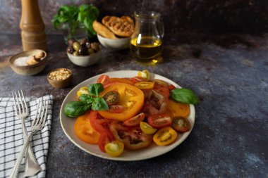 Fesleğen, zeytinyağı şişesi, ekmek, zeytin ve koyu mavi arka planda beyaz kareli havluyla rengarenk domateslerin önü.